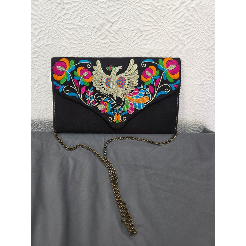 Rang Ja Clutch Bag Womens OS Black Excellent Embroidered Ethnic Peacock Floral